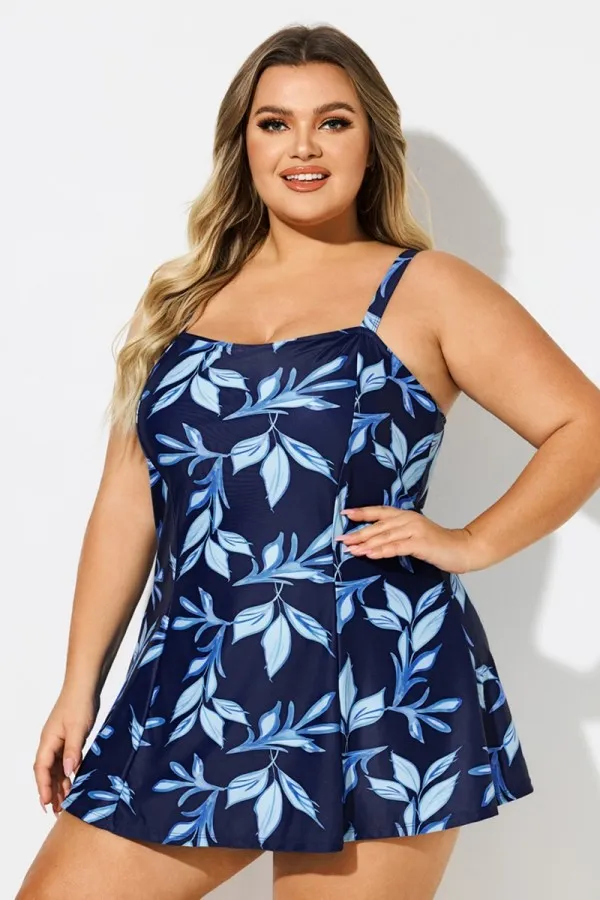 Blue Leaf Print Square Neckline Women Stylish Swimdress