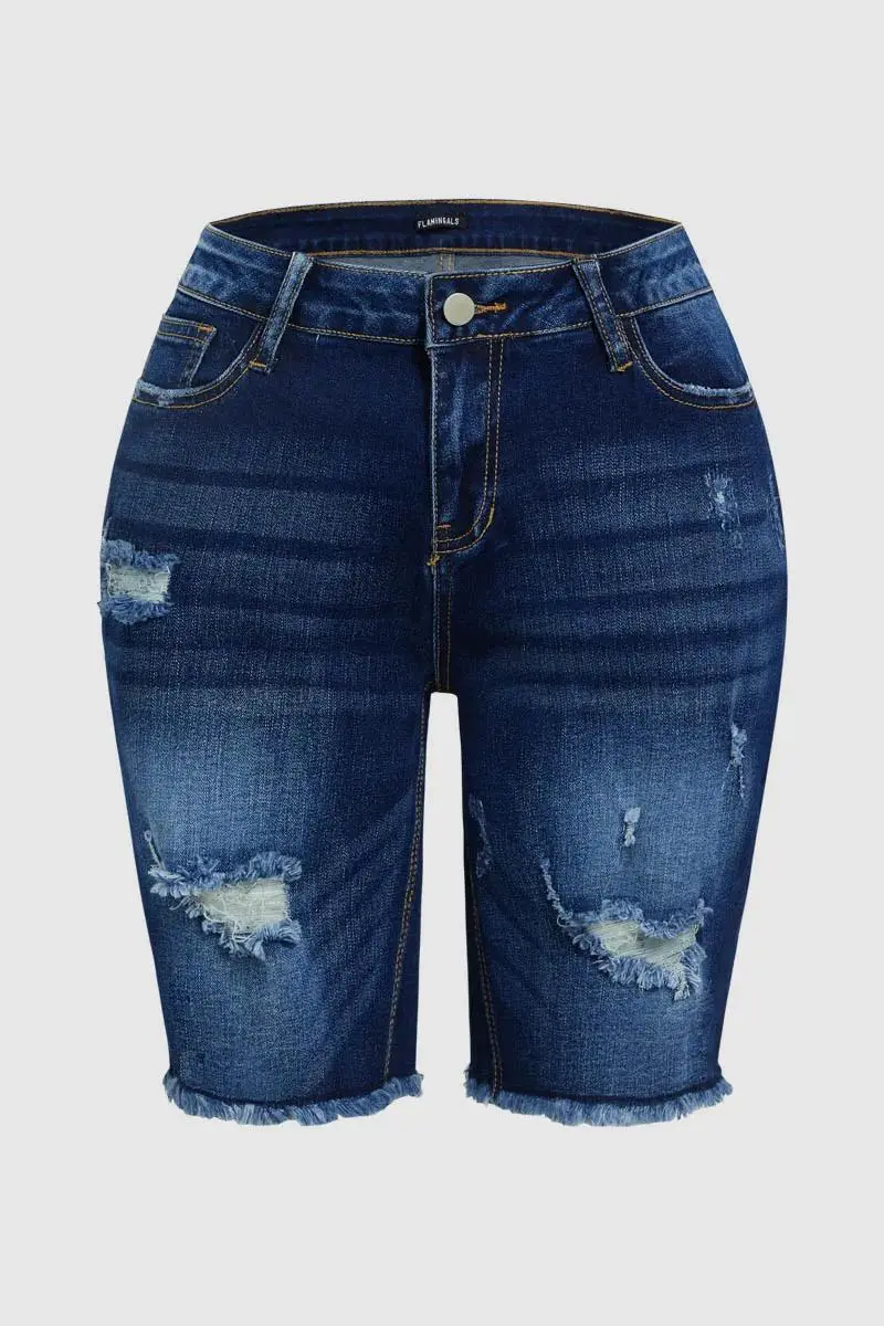Ripped Raw Hem Mid Waist Denim Mid Thigh Shorts