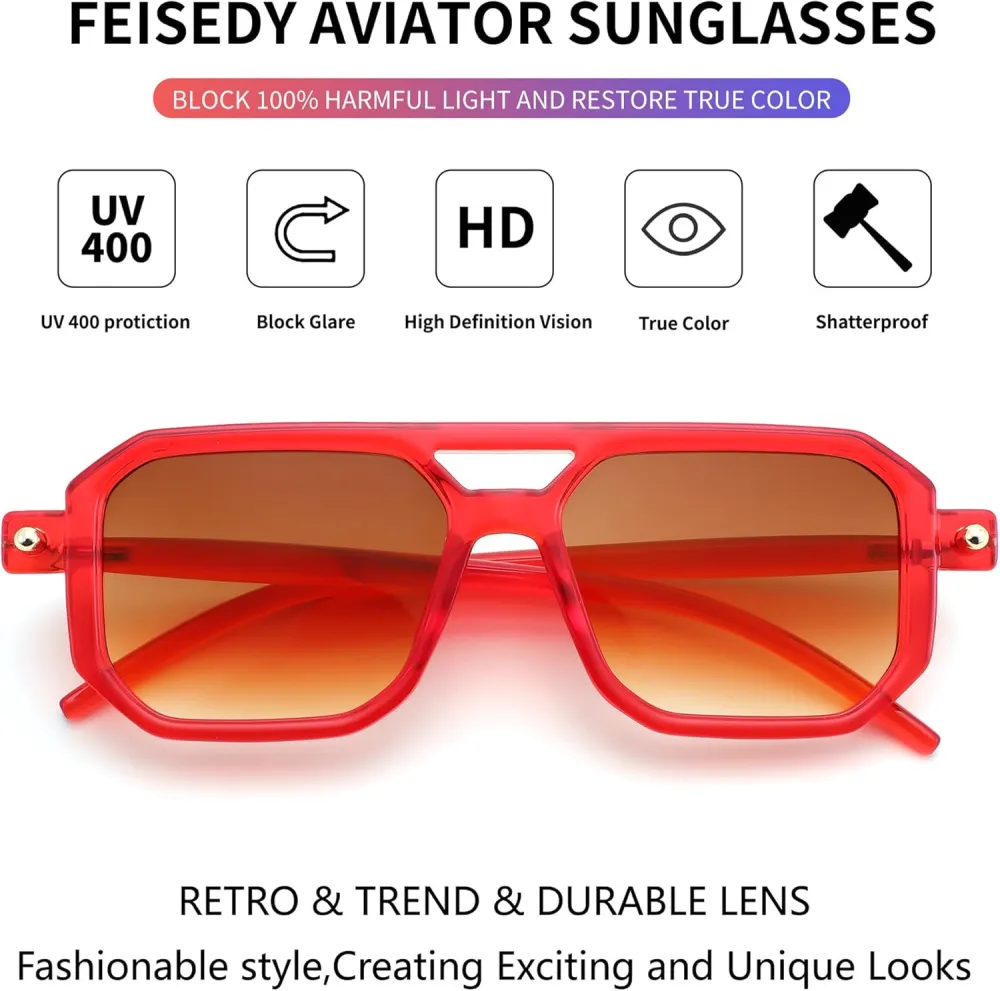 FEISEDY Vintage Square 70s Flat Aviator Sunglasses Women Men Classic Retro Stylish Frame UV400 Sunglasses B2622