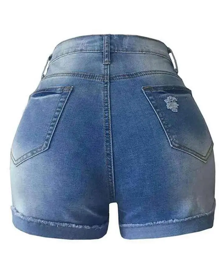 Tie Front High Waist Roll Hem Denim Shorts