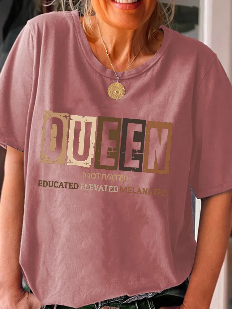 Women'S Queen Motivated Educated Elevated Melanated Round-Neck Short-Sleeved T-Shirt