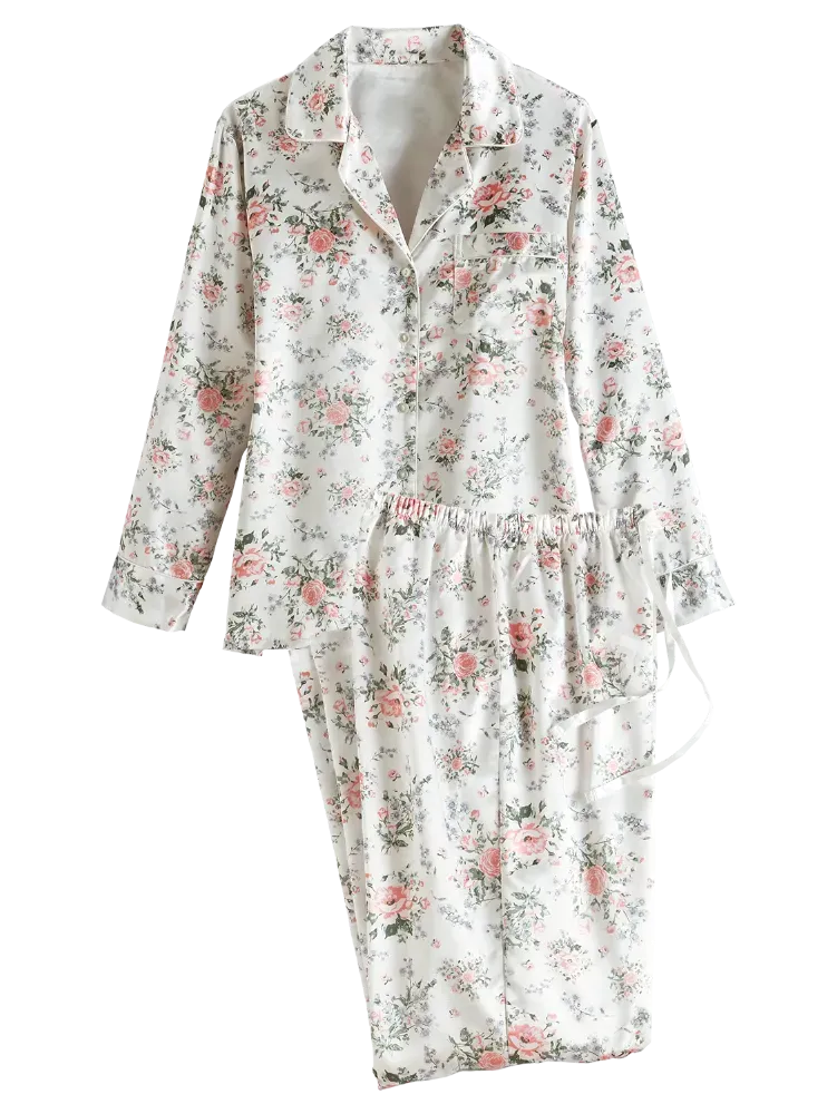 Women's Brushed-Back-Satin Rose Pajama Set