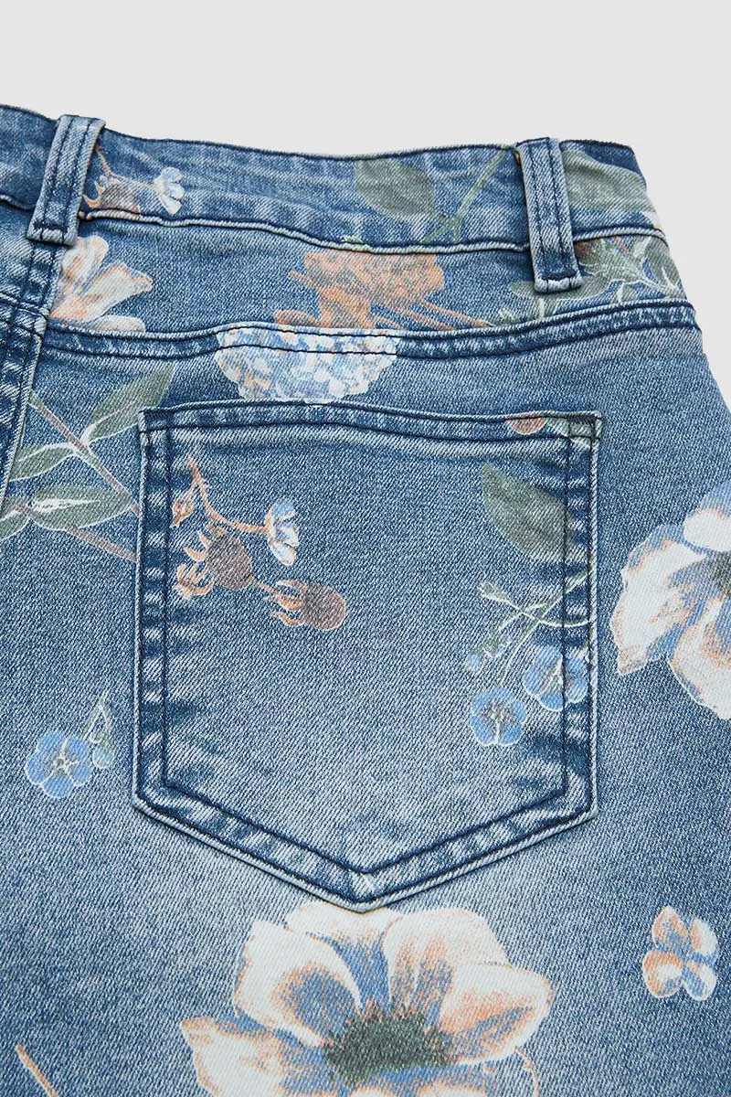 Floral Print High Rise Straight Leg Denim Bermuda Shorts