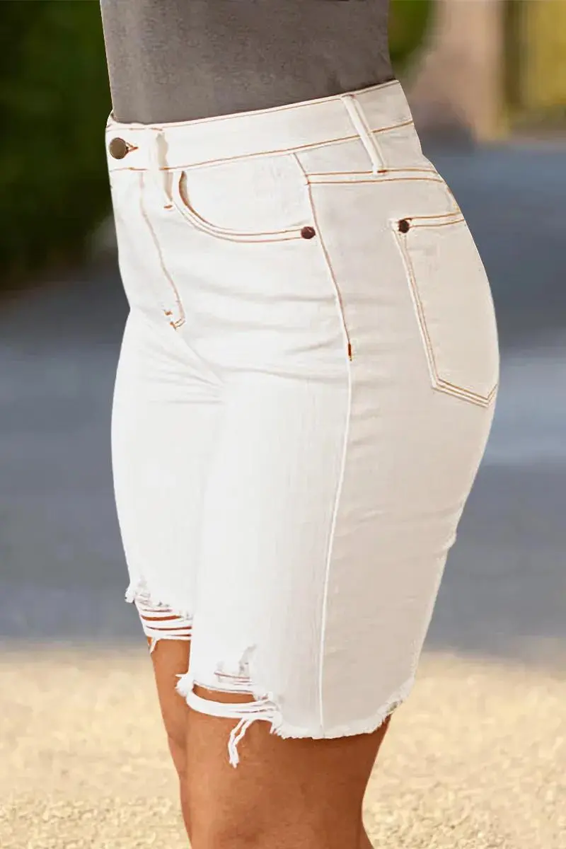 Ripped Raw Hem Contrast Stitch High Rise Bermuda Shorts