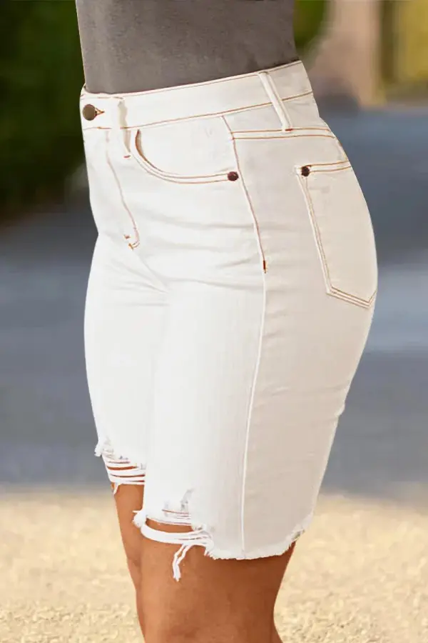 Ripped Raw Hem Contrast Stitch High Rise Bermuda Shorts