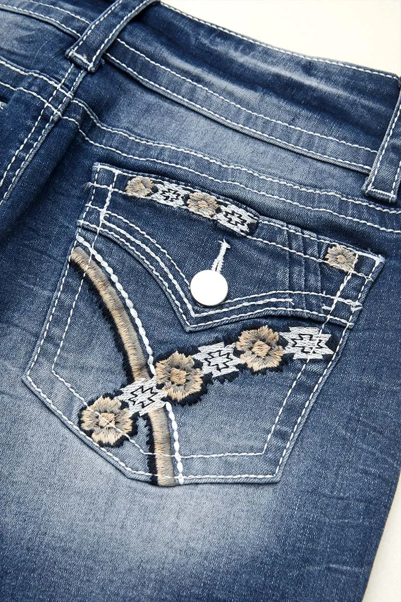 Embroidery Flap Detail Raw Hem Mid Rise Denim Shorts