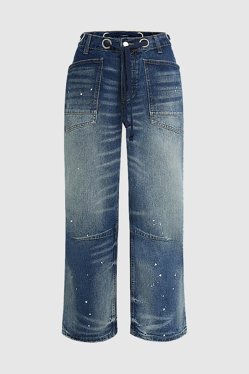 Drawstring Grommet Eyelet Mid Waist Barrel Jeans