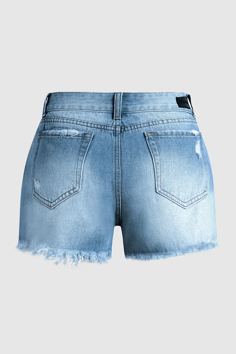 Button Fly Ripped Raw Hem Low Rise Denim Shorts
