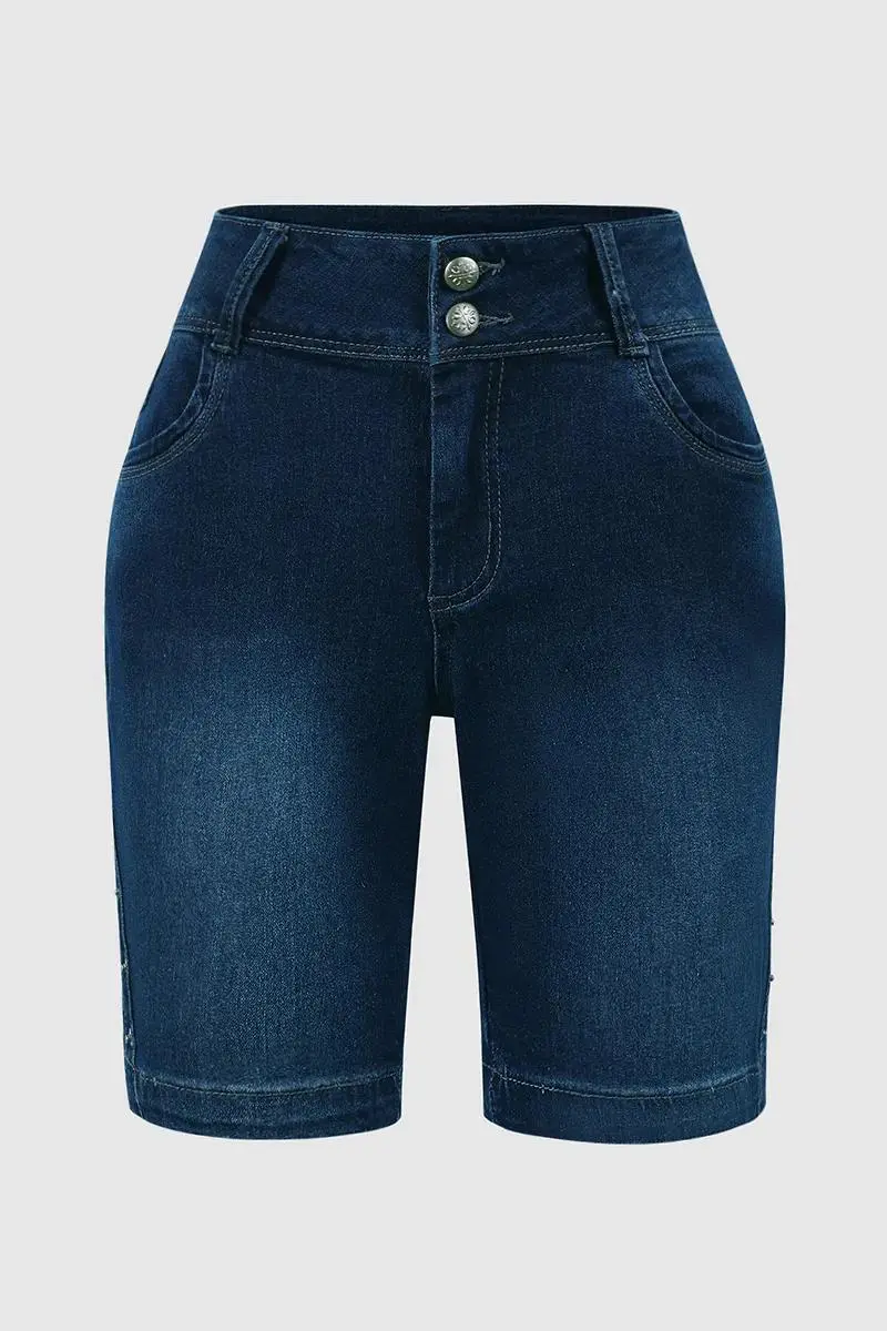 Wash Button Detail High Waist Bermuda Denim Shorts