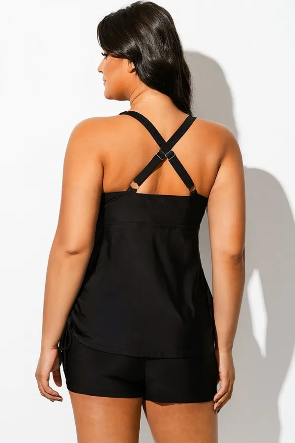 Solid Drawstring Side Adjustable Strap Tankini Top