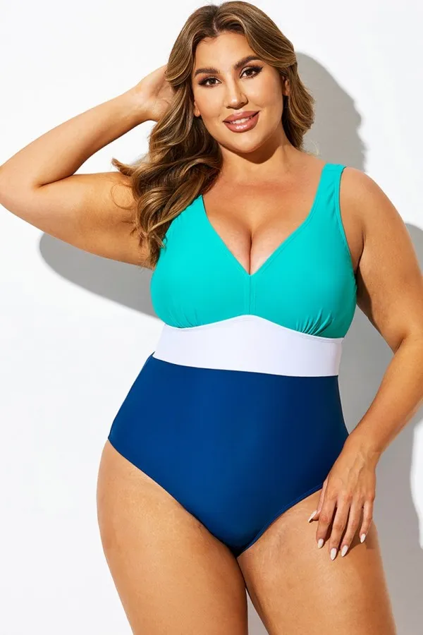Colorblock V-Neck Script One Piece Swimsuit