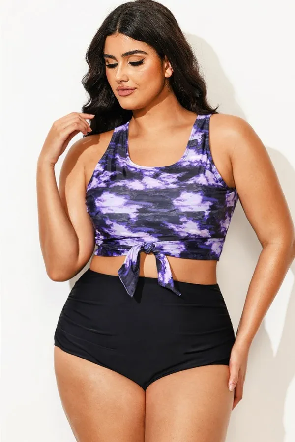 Plus Size Tie-Dye Knotted Crop Bikini Top