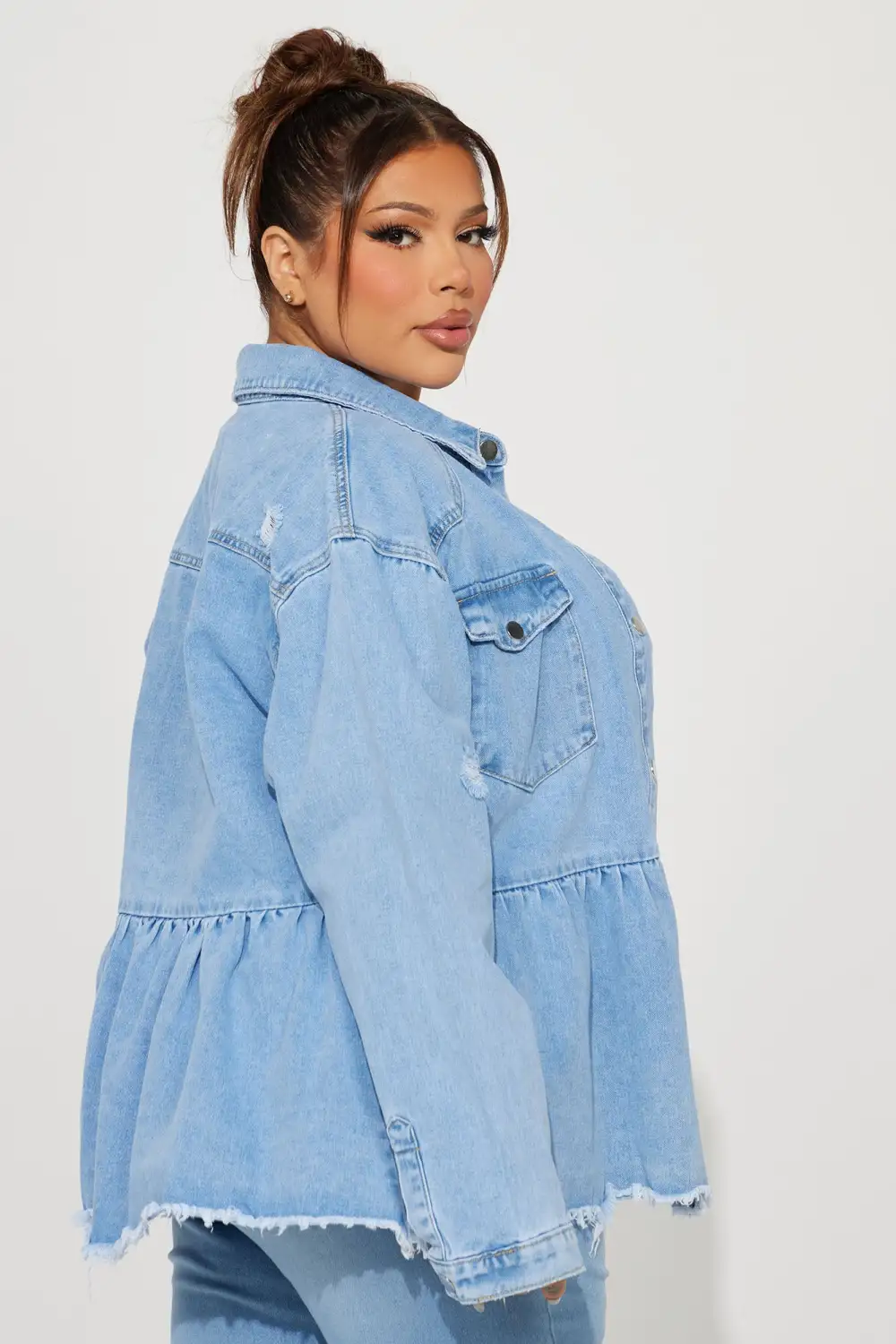 Pretty Peplum Denim Shacket - Light Blue Wash