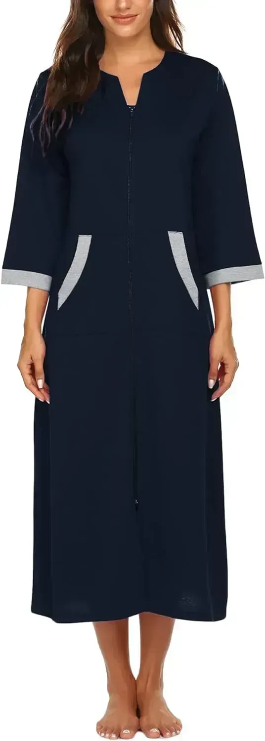 Women Zipper Robe 3/4 Sleeves Loungewear Dress Full Length Sleepwear Pockets Housecoat Nightgown Long Bathrobe