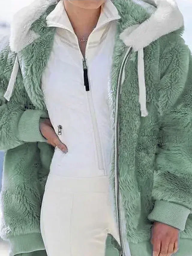 Women's Zip Hoodie Sweatshirt Fleece Jacket Pullover Sherpa Fleece Teddy Zipper Green Blue Purple Plain Round Neck Long Sleeve S M L XL 2XL 3XL / Winter / Fleece lined