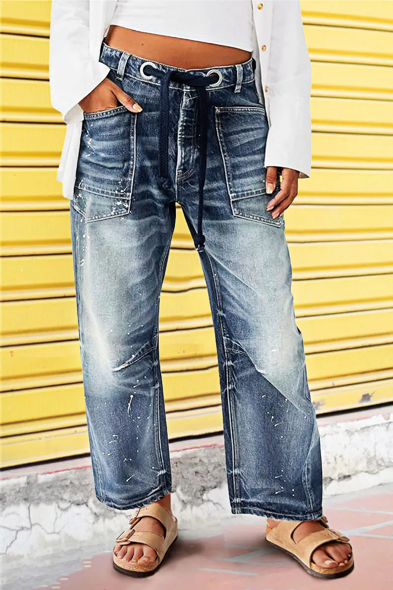 Drawstring Grommet Eyelet Mid Waist Barrel Jeans