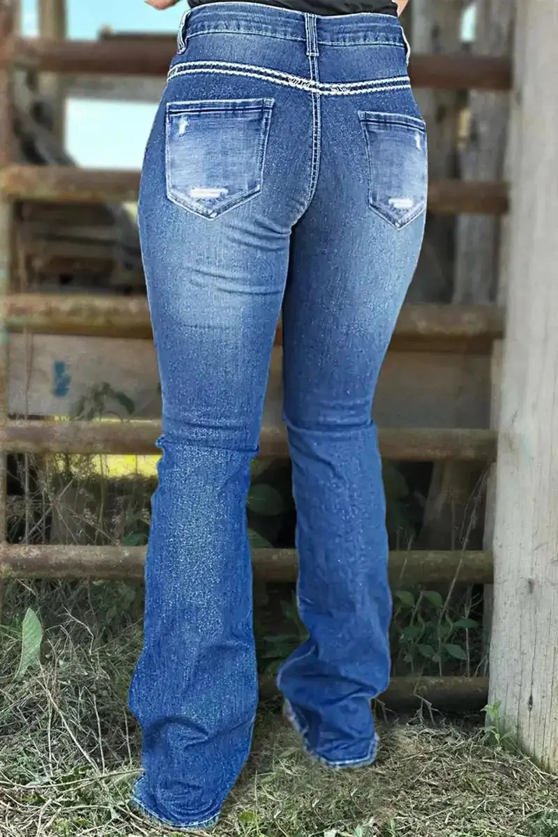 Embroidered Rhinestone Decor High Waist Bootcut Jeans Without Belt