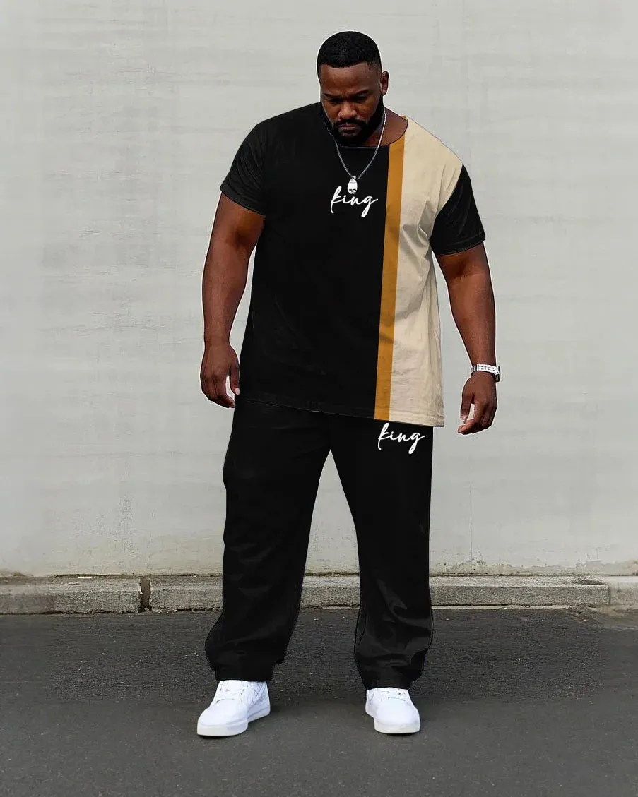 Big Men’S Black & Khaki Colorblock King Printed Short Sleeve T-Shirt Trousers Set
