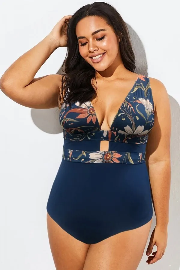 Floral Print Cut Out One Piece Swimsuit