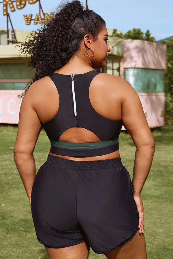 Plus Size Round Neck Green Patchwork Bikini Top