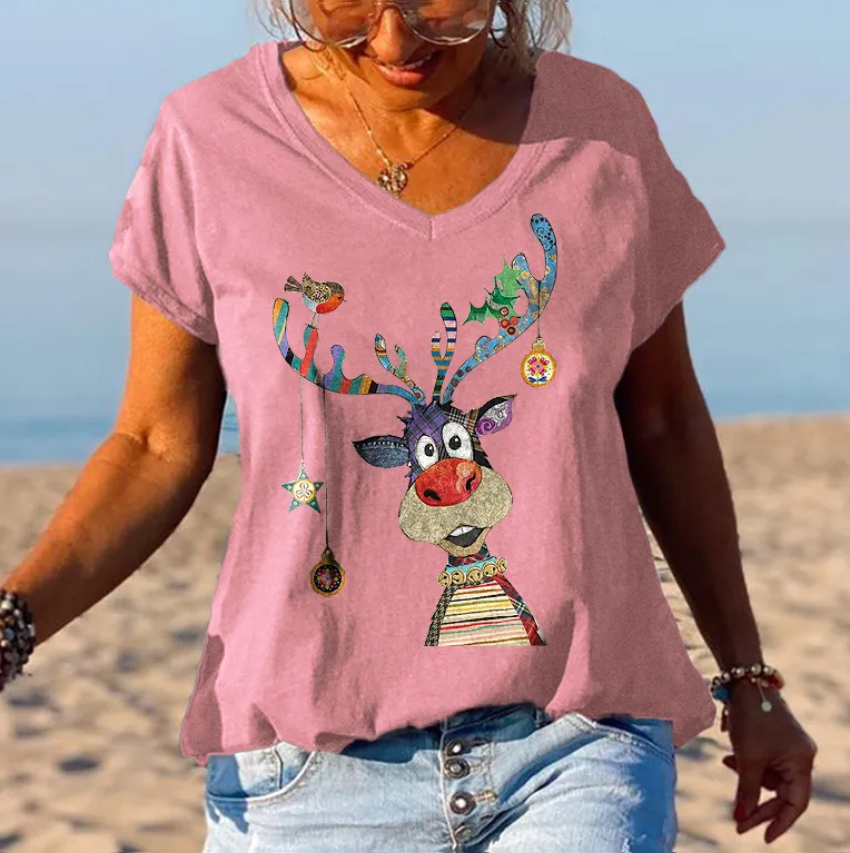Christmas Lovely Elk Printed V-neck Women's T-shirt