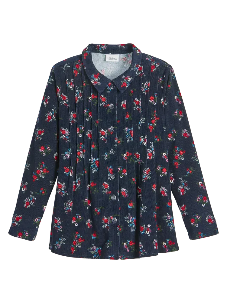Women's Pintucked Floral Corduroy Tunic Top