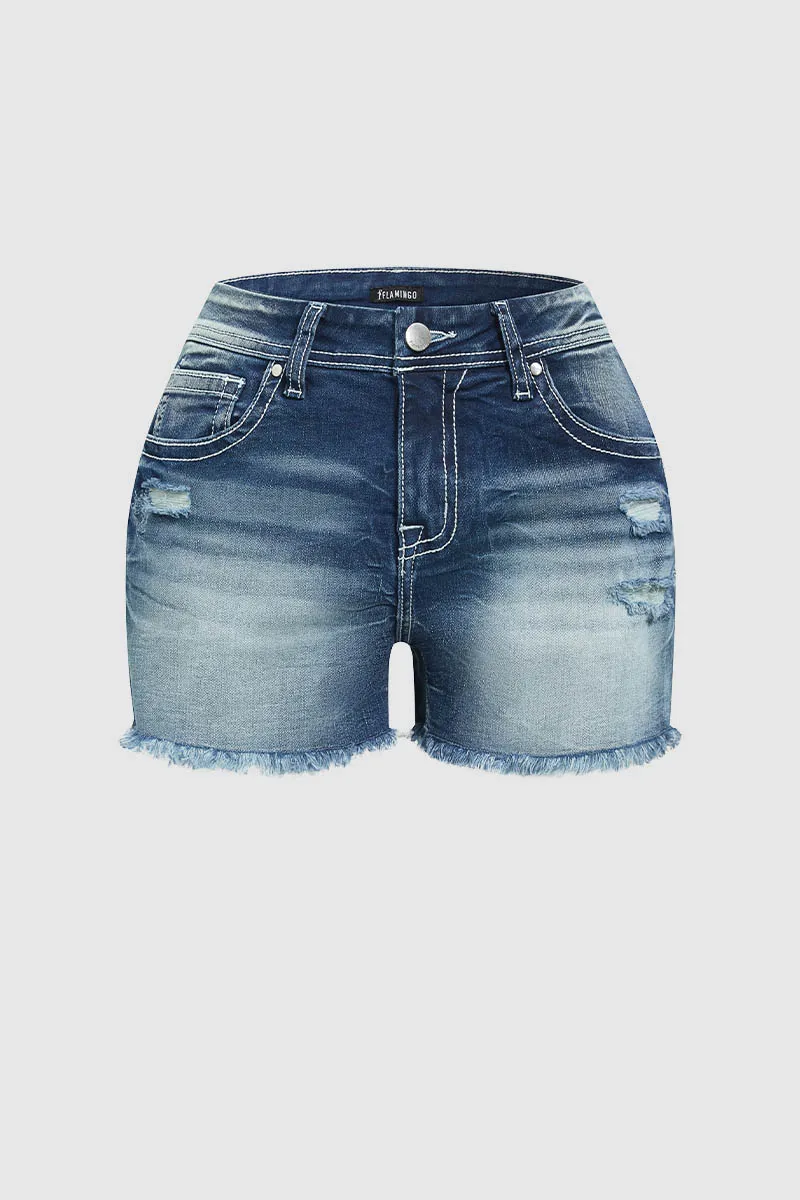 Wash Ripped Raw Hem Mid Waist Denim Shorts
