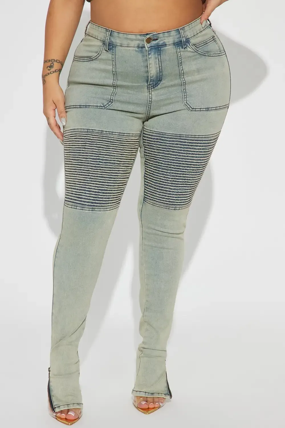 Getting Heated Stacked Moto Skinny Jeans - Light Wash