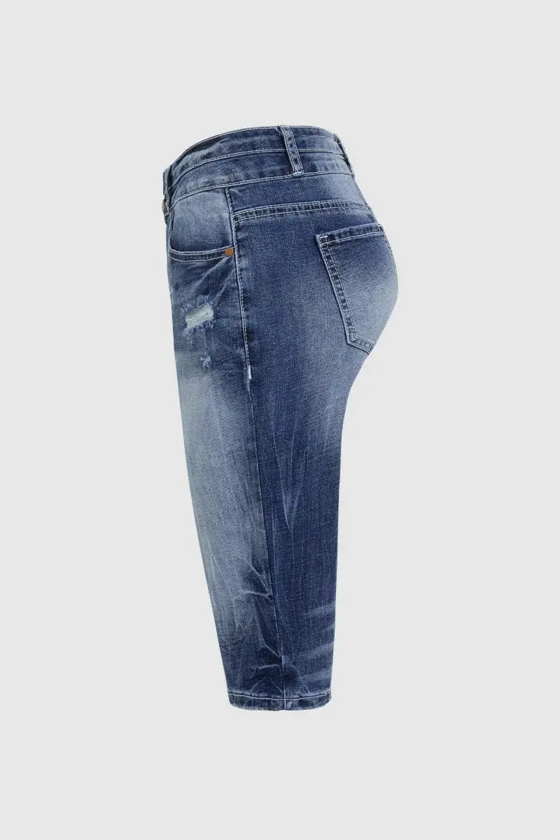 Wash Double Button Ripped High Rise Bermuda Denim Shorts