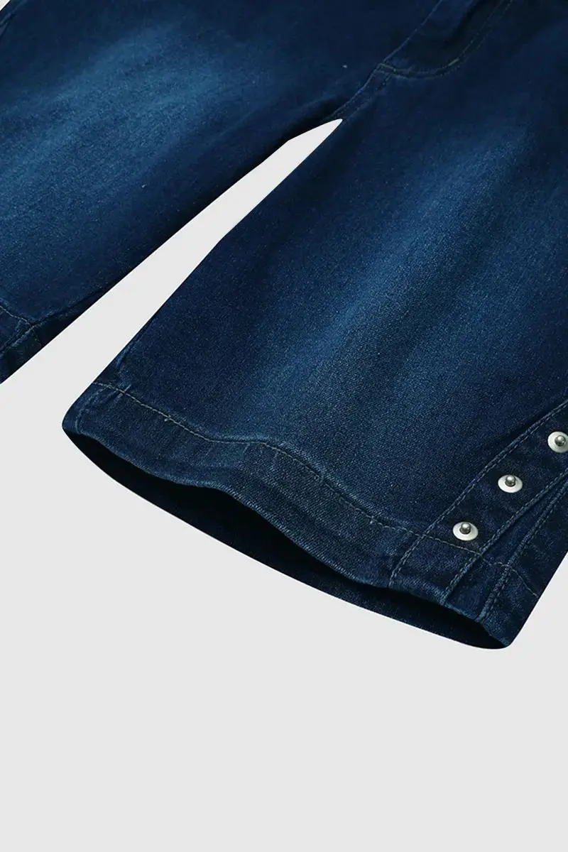 Wash Button Detail High Waist Bermuda Denim Shorts