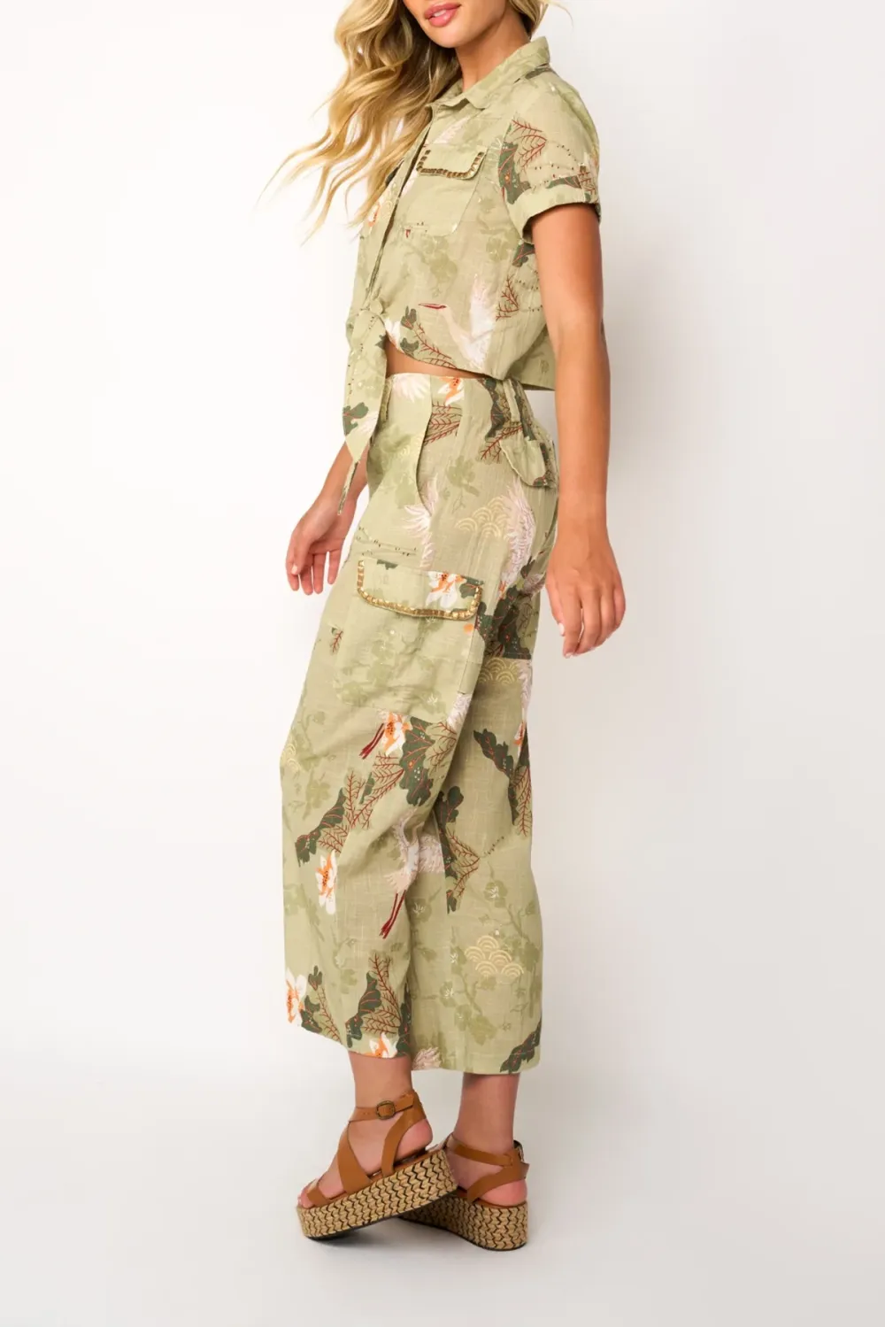 Olive Green Botanical Print Straight Leg Pants