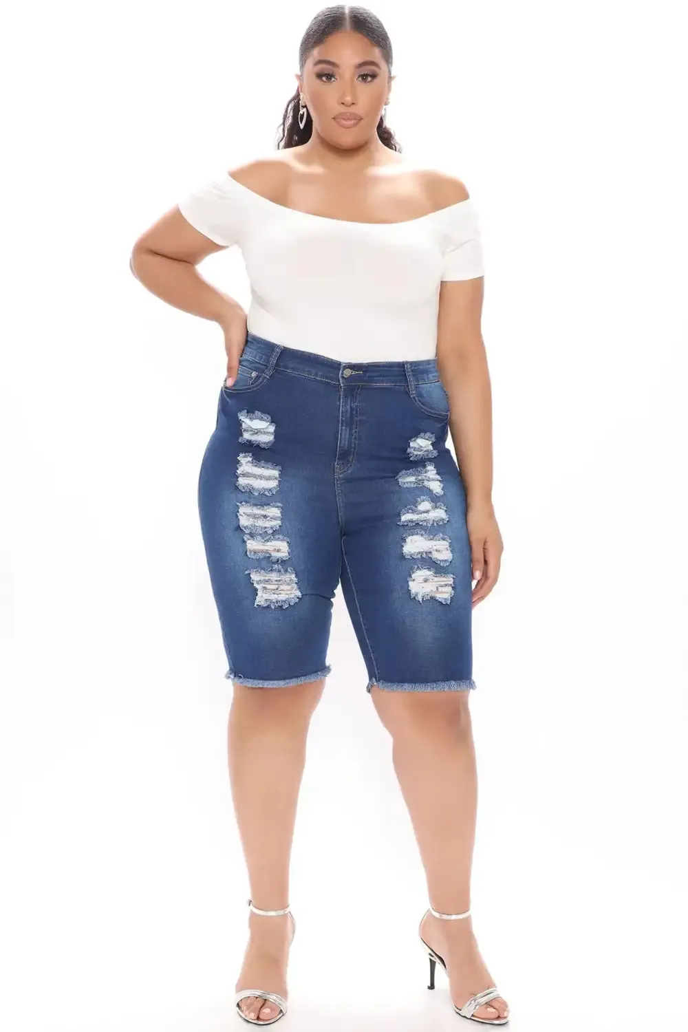 See Me Now Distressed Bermuda Shorts - Medium Blue Wash