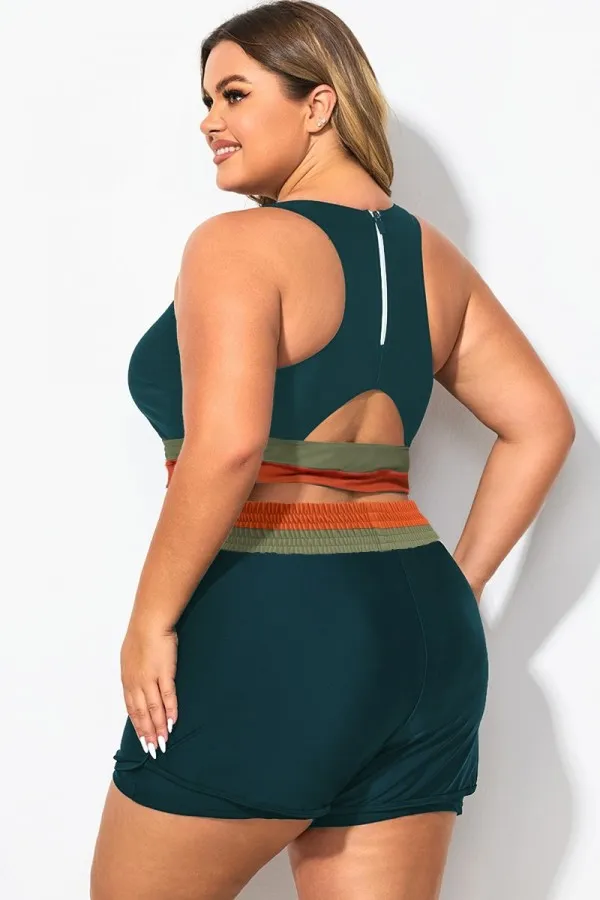 Plus Size Round Neck Colorblock Patchwork Bikini Top
