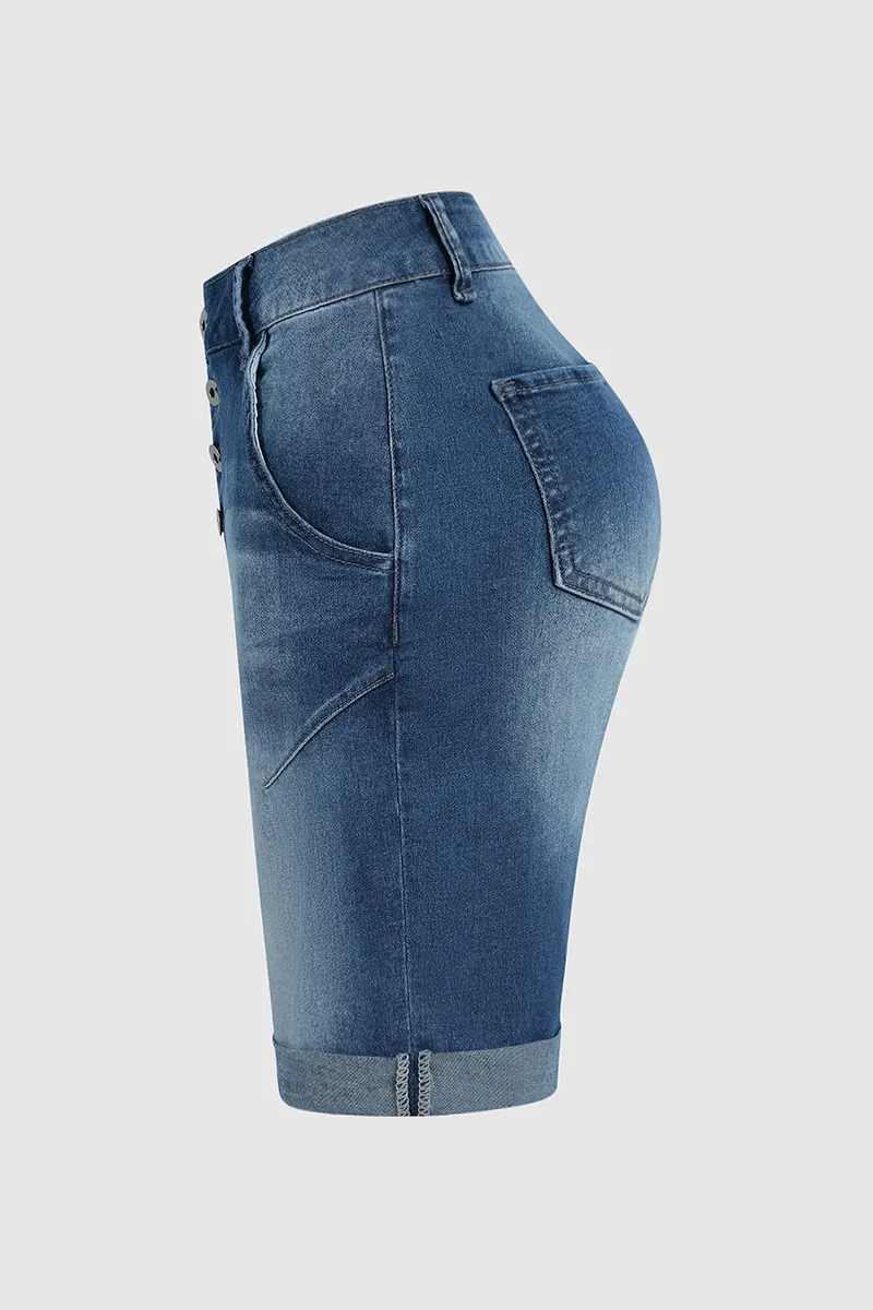 Button Fly Roll Hem Denim Mid Thigh Shorts Without Belt