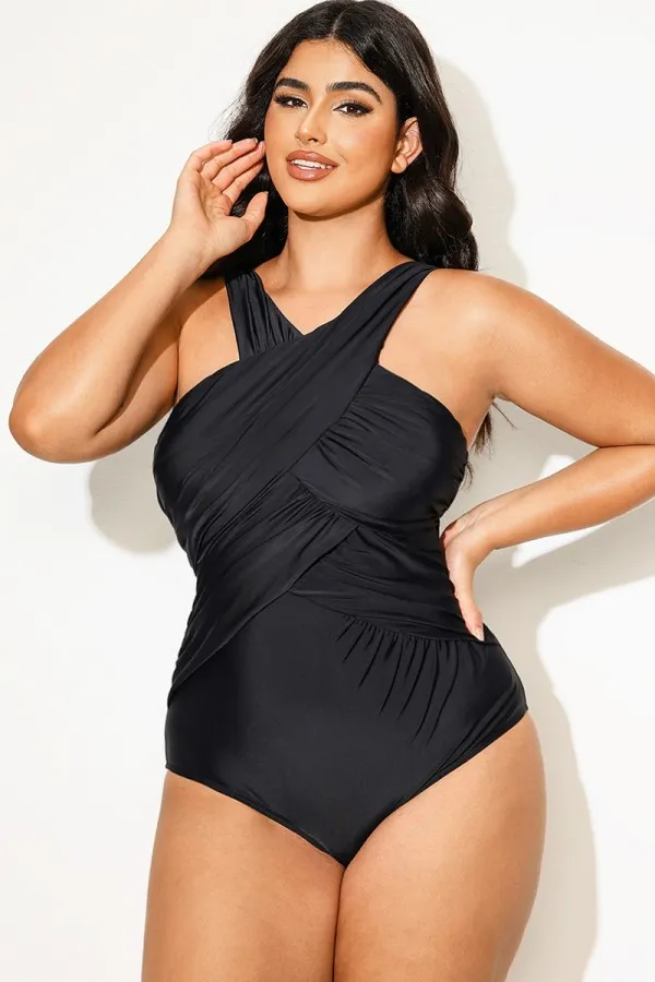 Black Cross Front V-Neck One Piece Swimsuit