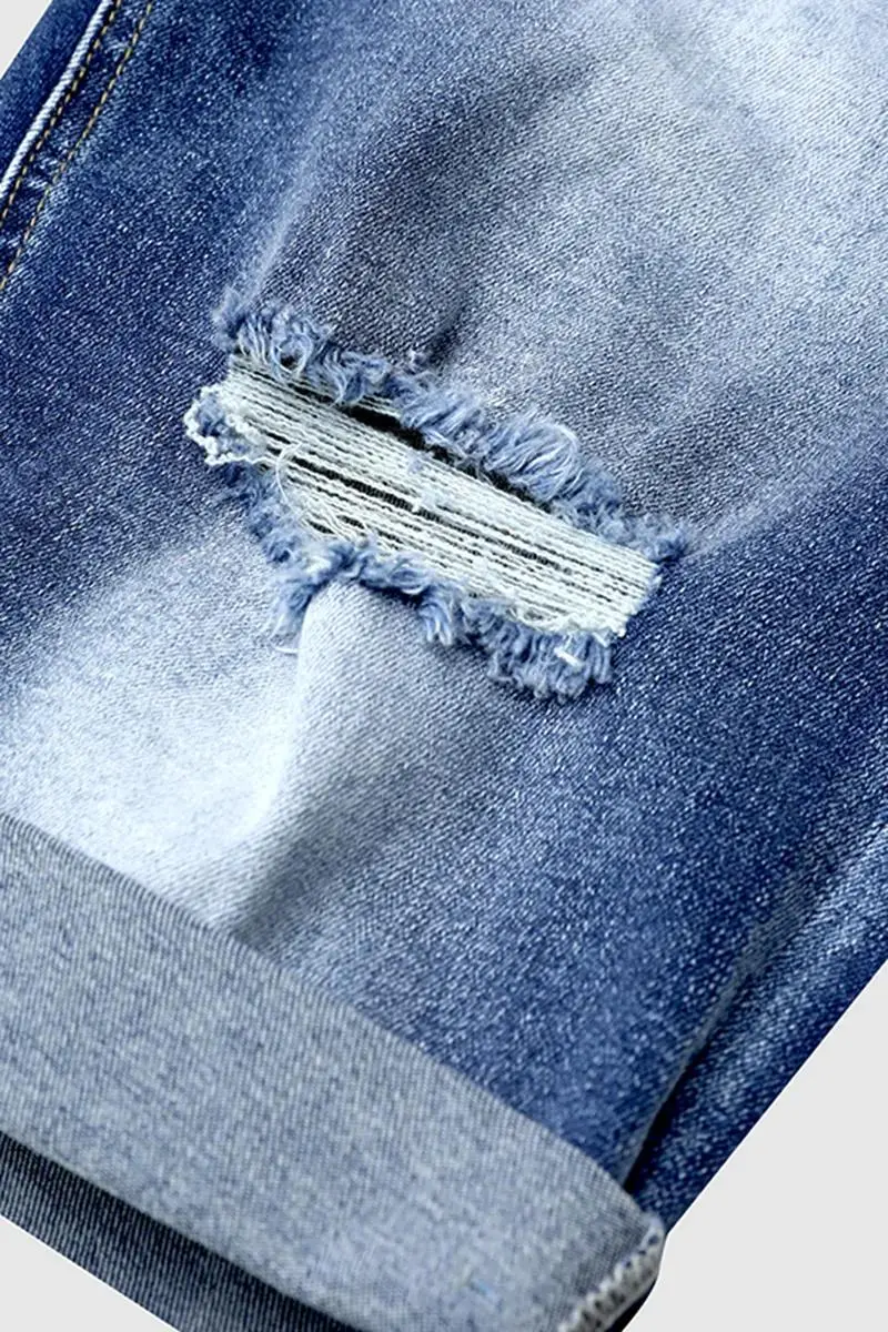 Ripped Roll Hem Mid Rise Denim Bermuda Shorts
