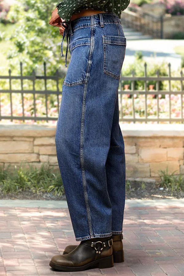 Drawstring Wash Stitch Detail Mid Waist Carrot Jeans
