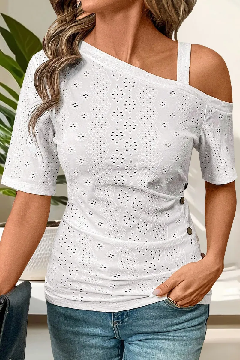 Solid Eyelet Embroidery Button Decor Asymmetrical Neck T-Shirt