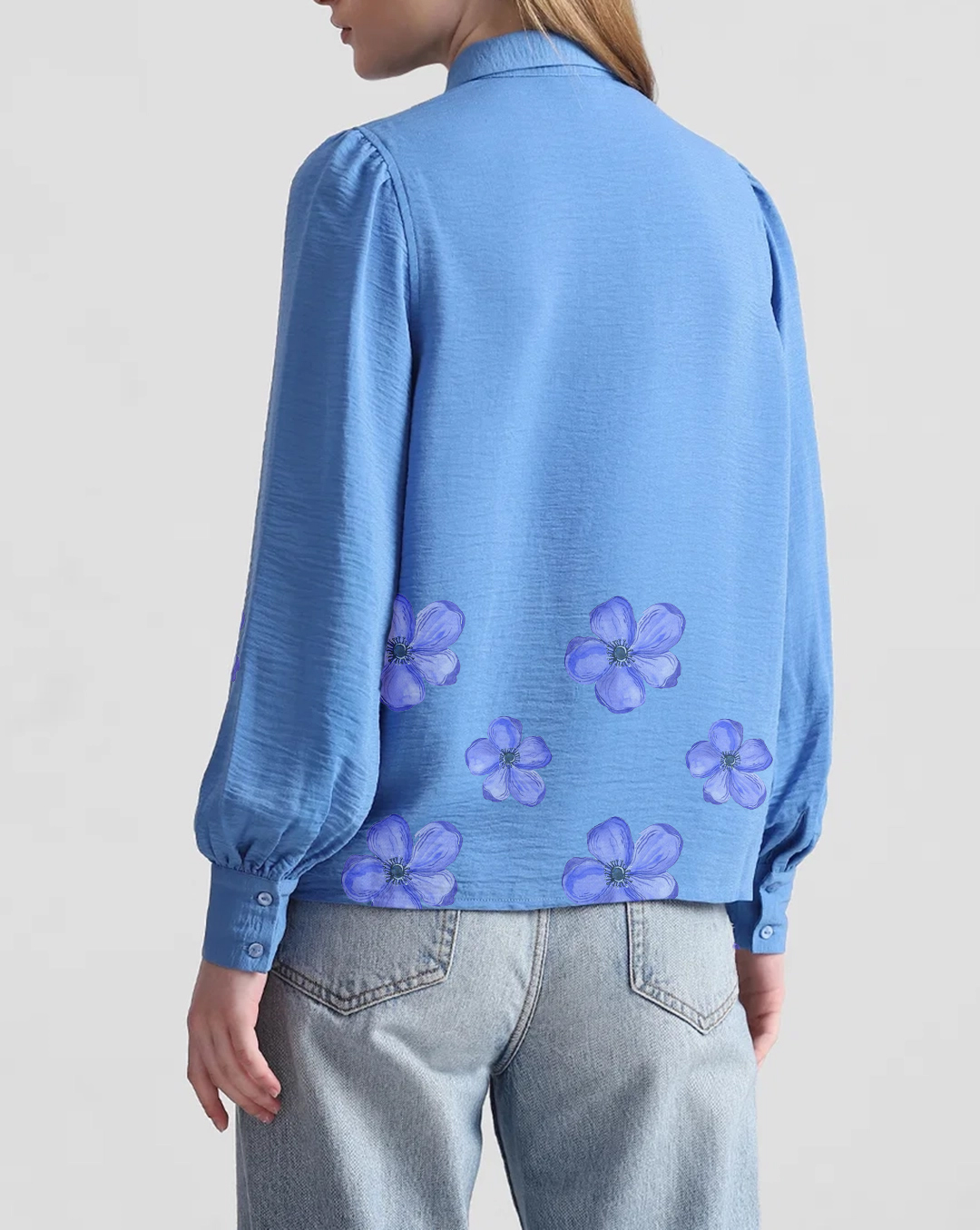 Light Blue Puff Sleeve Textured Shirt with Floral Embroidery
