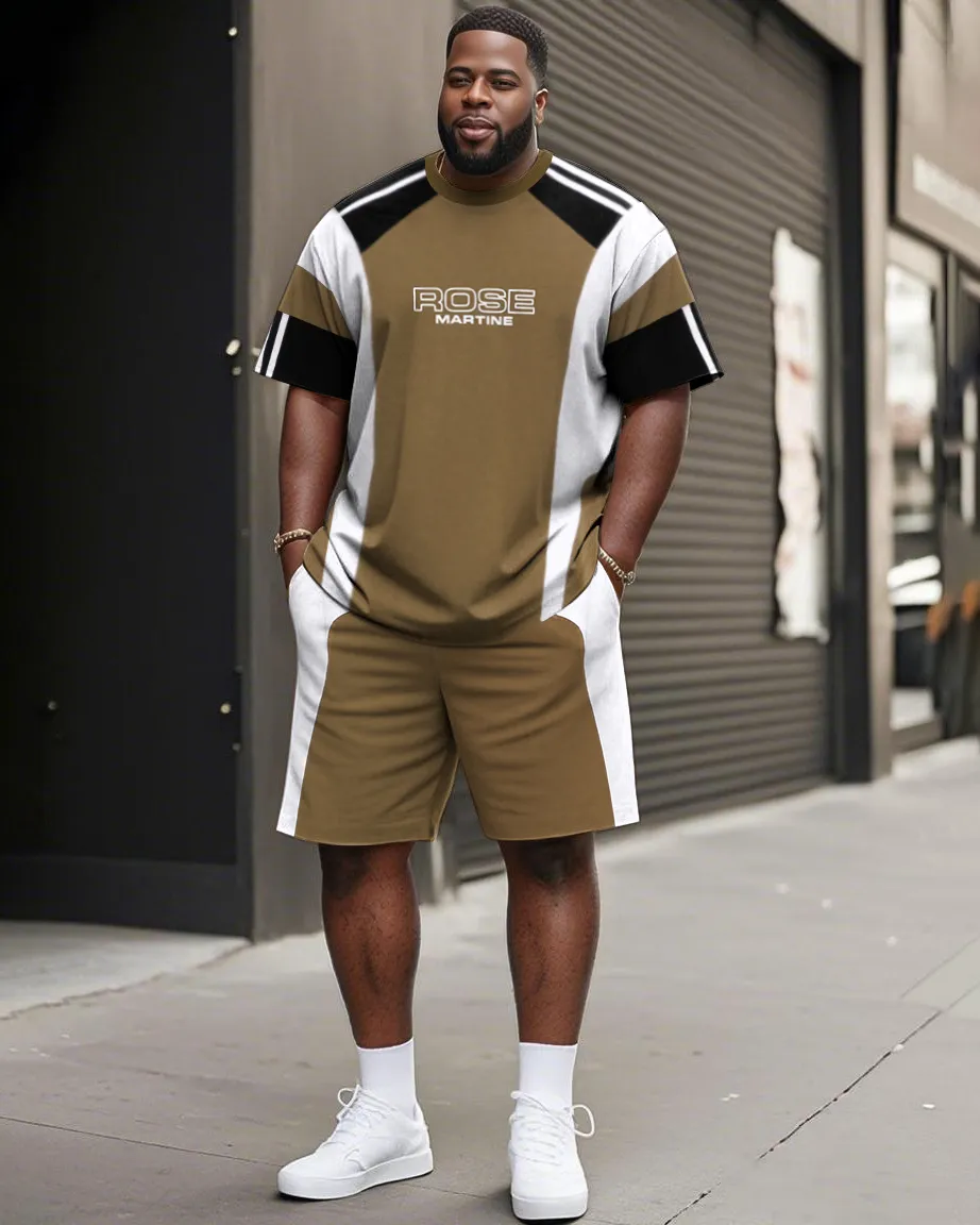 Men'S Plus Size Functional Striped Stitching Print Short Sleeve T-Shirt Shorts Suit