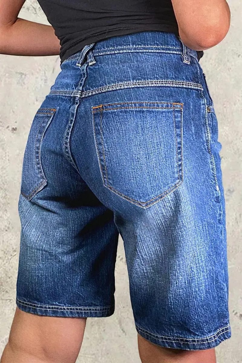 Wash High Rise Straight Leg Denim Bermuda Shorts Without Belt