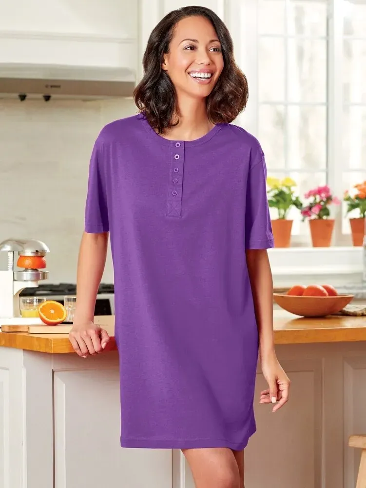 Comfort Knit Jersey Knit Henley-Style Shortie Nightgown