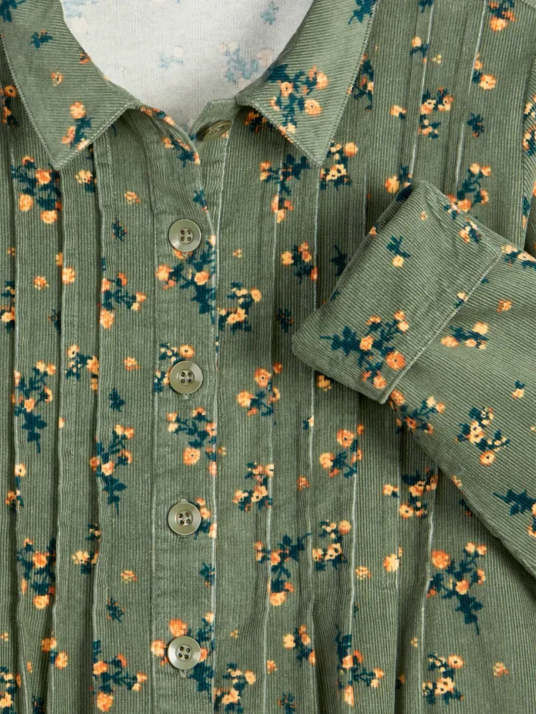 Women's Pintucked Floral Corduroy Tunic Top