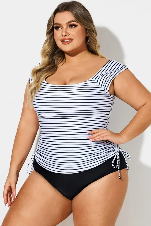 Black & White Stripes Tie Side Tankini Top