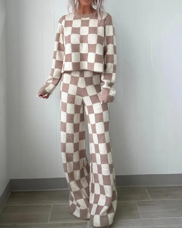 Sands Checkered Sweater Set - Beige/Ivory