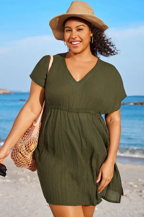 Dark Green V Neck Elastic Waisted Cover Up