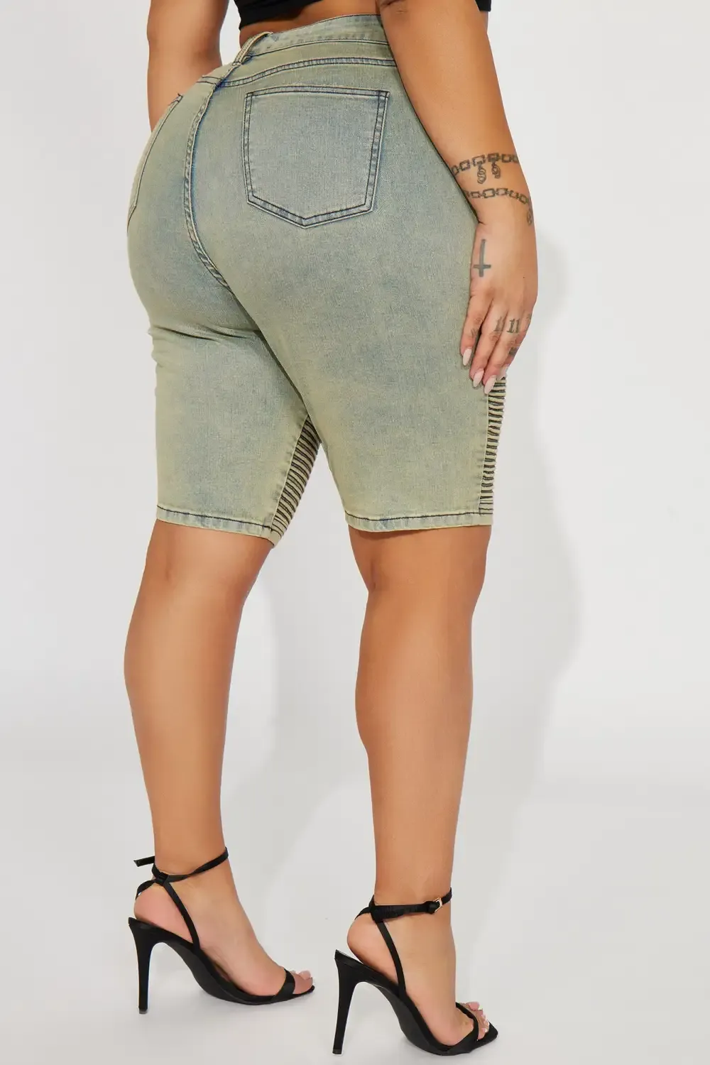 Heating Up Moto Stretch Denim Bermuda Shorts - Vintage Wash
