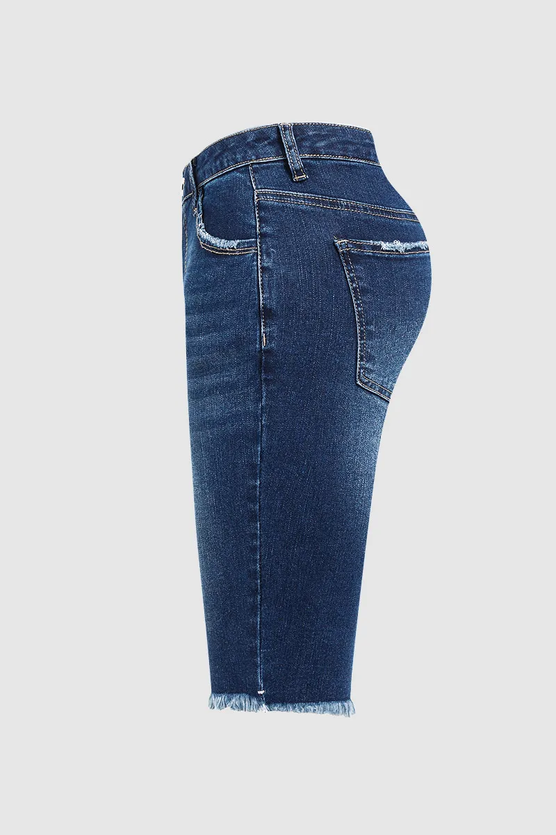 Raw Hem Wash High Waist Skinny Denim Bermuda Shorts