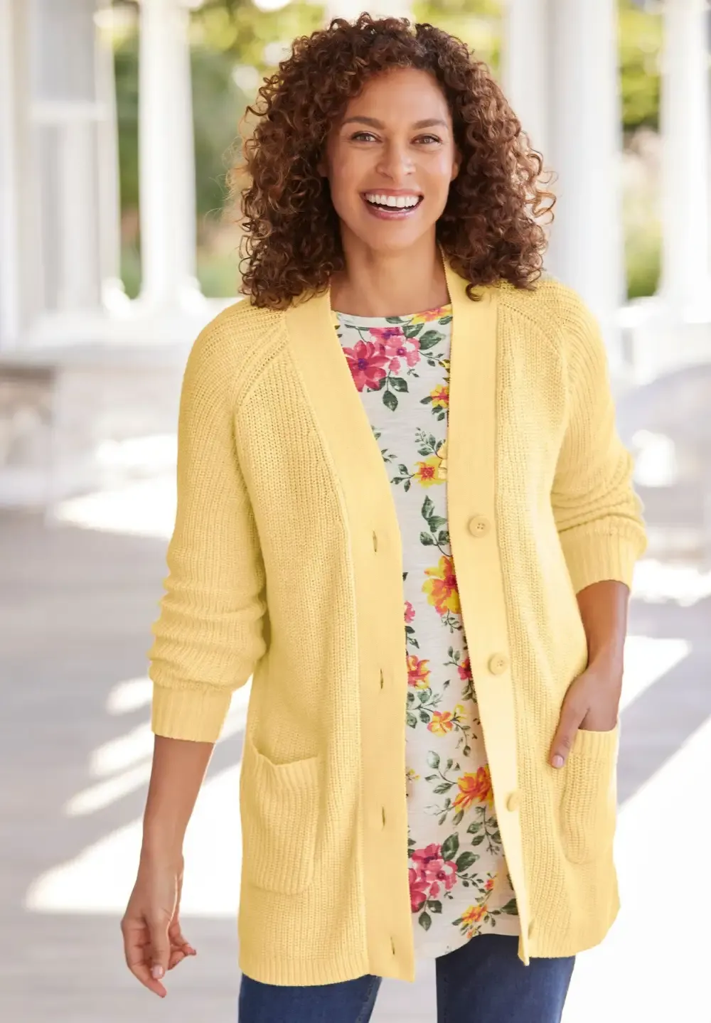 Button-Front Shaker Cardigan