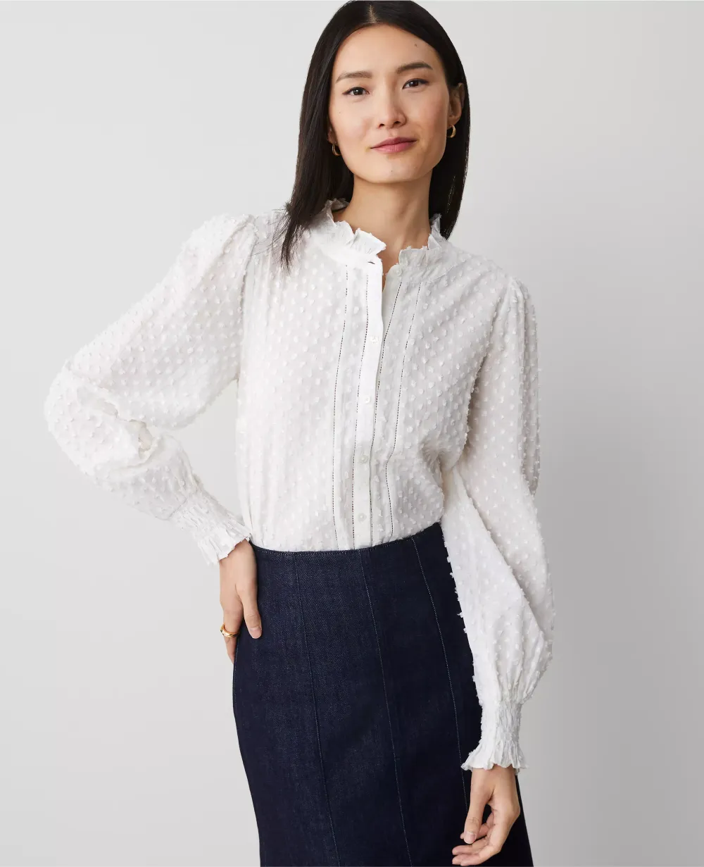 Clip Cutout Smocked Cuff Blouse